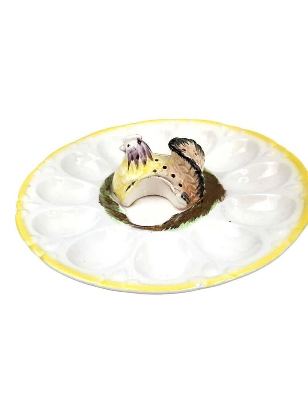 Chicken Deviled Egg Plate With 12 Egg Slots & Yellow Trim Easter Holiday Summer
